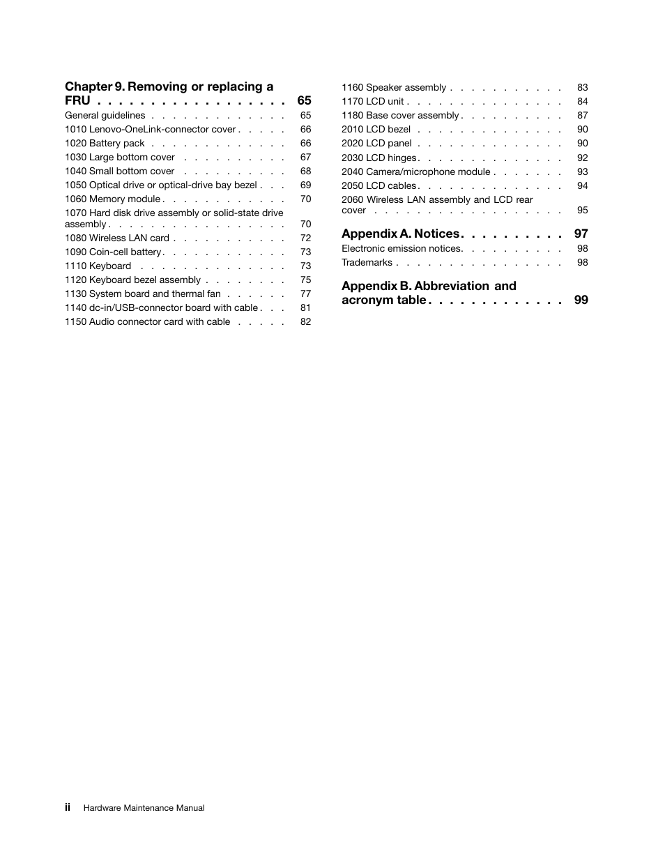 Chapter 9. removing or replacing a fru, Appendix a. notices, Appendix b. abbreviation and acronym table | Lenovo ThinkPad E555 User Manual | Page 4 / 108