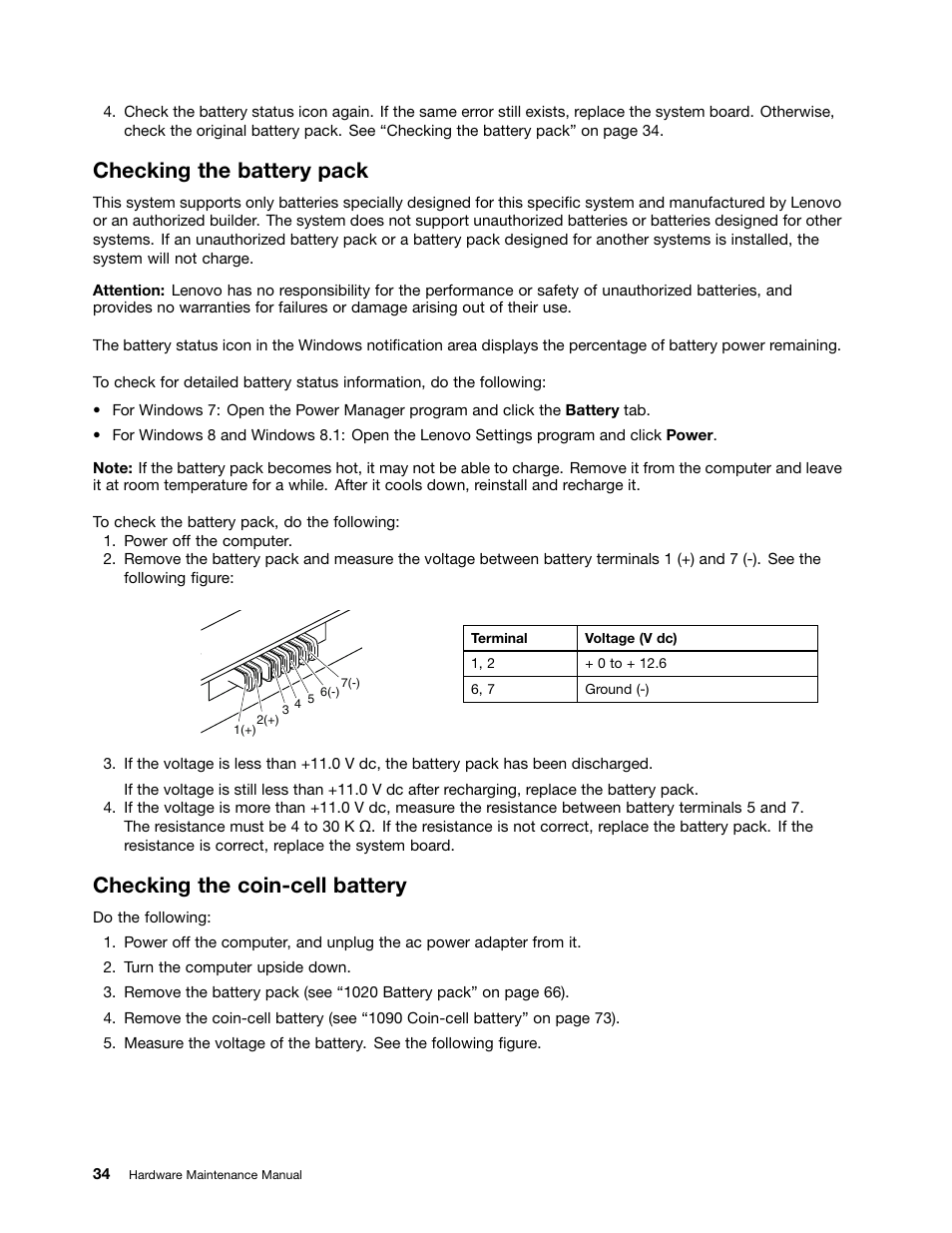 Checking the battery pack, Checking the coin-cell battery | Lenovo ThinkPad E555 User Manual | Page 40 / 108