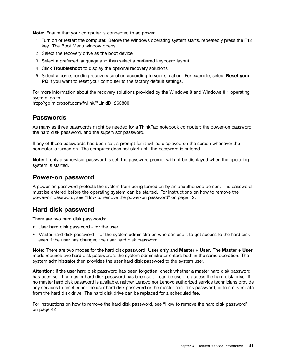 Passwords, Power-on password, Hard disk password | Lenovo ThinkPad E555 User Manual | Page 47 / 108