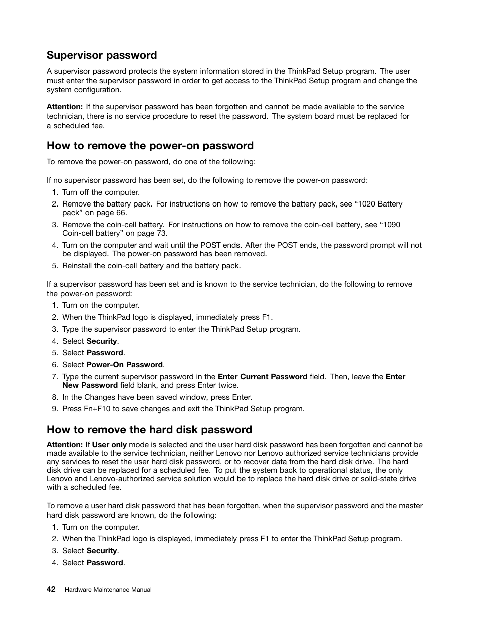 Supervisor password, How to remove the power-on password, How to remove the hard disk password | Lenovo ThinkPad E555 User Manual | Page 48 / 108