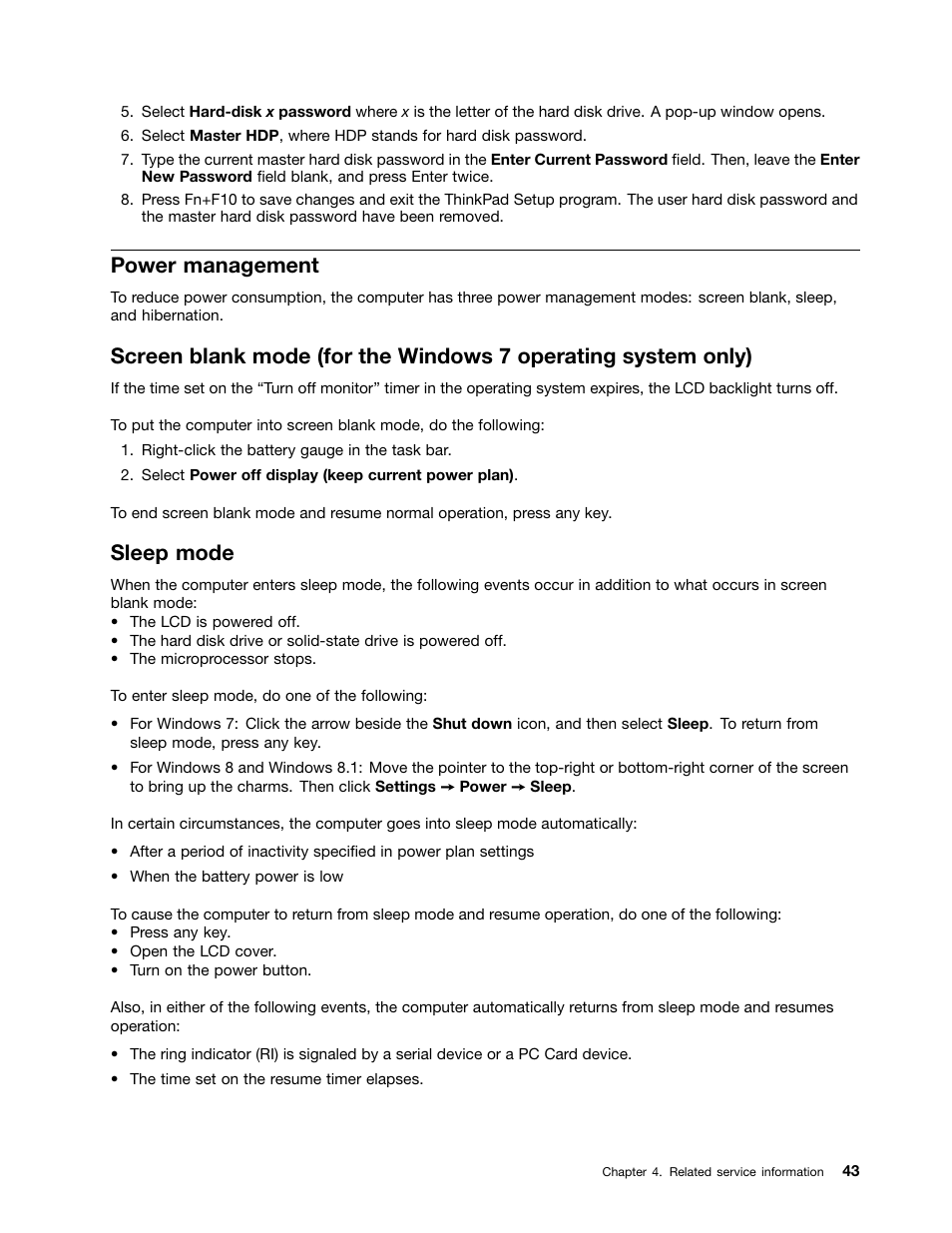 Power management, Sleep mode | Lenovo ThinkPad E555 User Manual | Page 49 / 108
