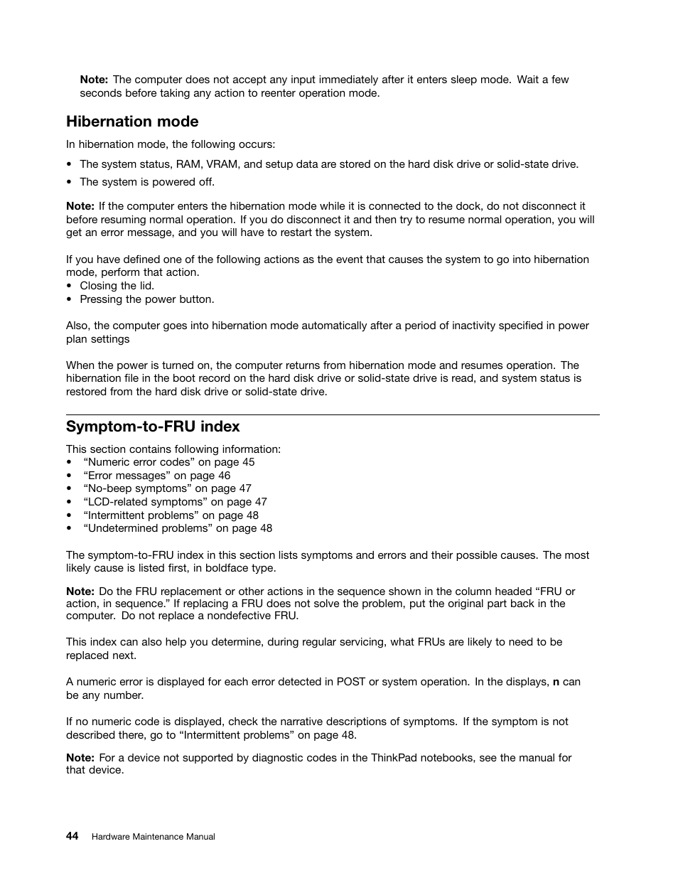 Hibernation mode, Symptom-to-fru index | Lenovo ThinkPad E555 User Manual | Page 50 / 108