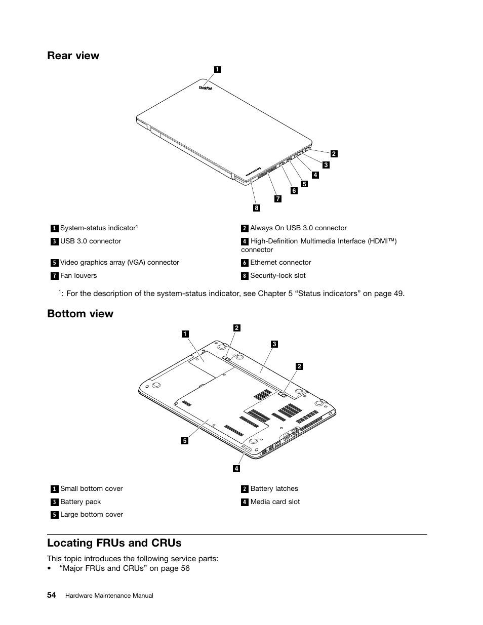 Rear view, Bottom view, Locating frus and crus | Lenovo ThinkPad E555 User Manual | Page 60 / 108