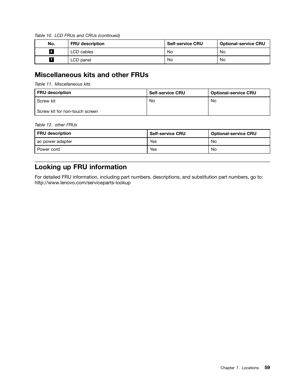 Miscellaneous kits and other frus, Looking up fru information | Lenovo ThinkPad E555 User Manual | Page 65 / 108