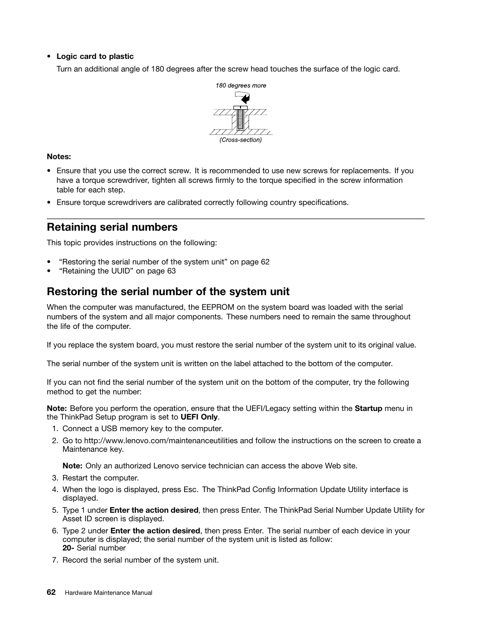 Retaining serial numbers, Restoring the serial number of the system unit | Lenovo ThinkPad E555 User Manual | Page 68 / 108