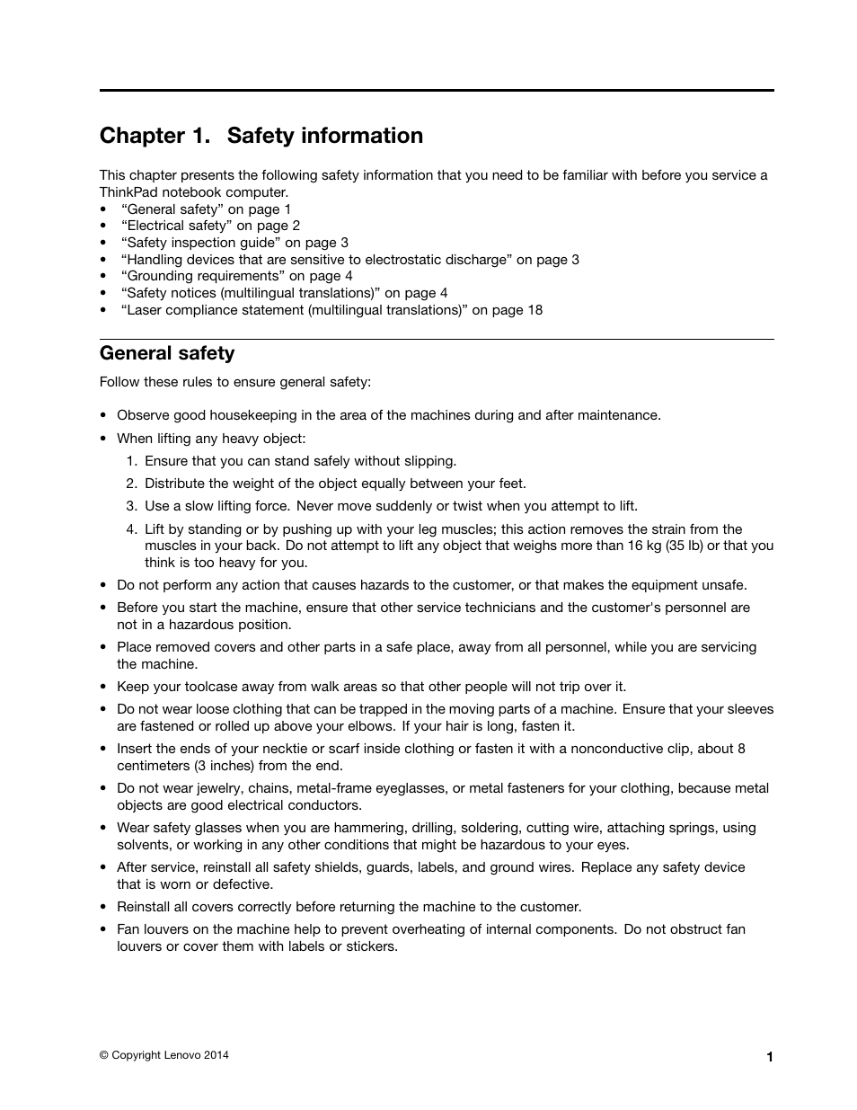 Chapter 1. safety information, General safety | Lenovo ThinkPad E555 User Manual | Page 7 / 108