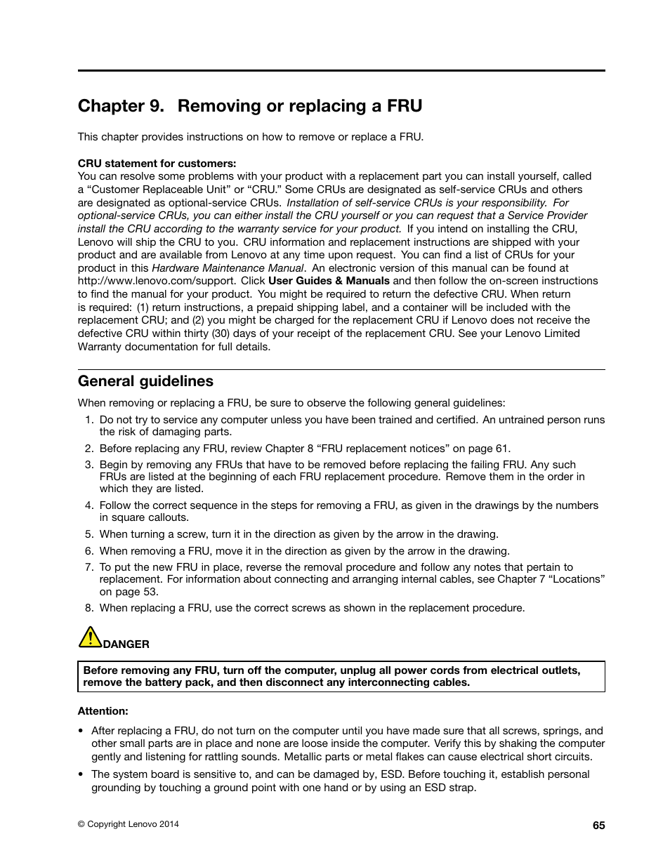 Chapter 9. removing or replacing a fru, General guidelines | Lenovo ThinkPad E555 User Manual | Page 71 / 108