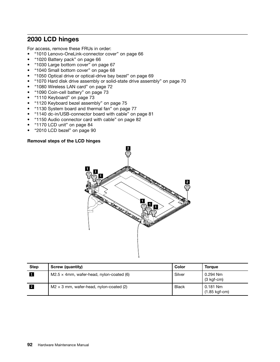 2030 lcd hinges | Lenovo ThinkPad E555 User Manual | Page 98 / 108