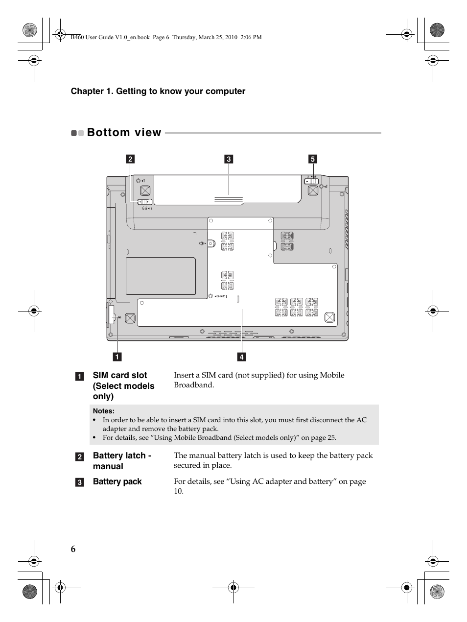 Bottom view | Lenovo B460 Notebook User Manual | Page 10 / 60