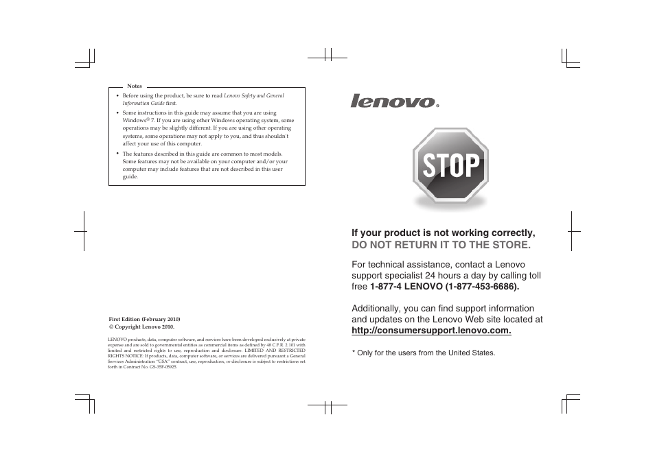 Do not return it to the store, If your product is not working correctly, Only for the users from the united states | Lenovo B460 Notebook User Manual | Page 2 / 60