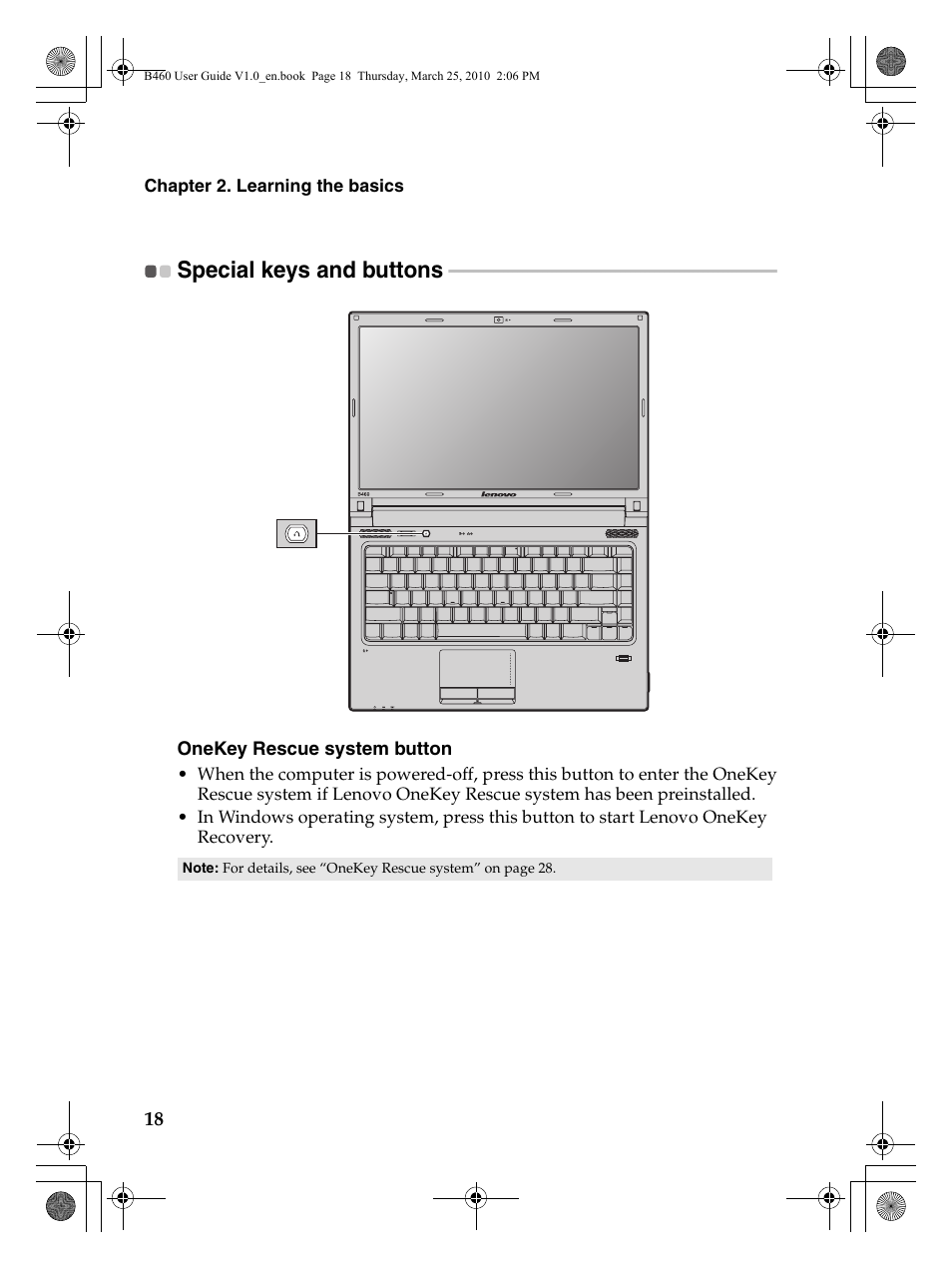 Special keys and buttons | Lenovo B460 Notebook User Manual | Page 22 / 60