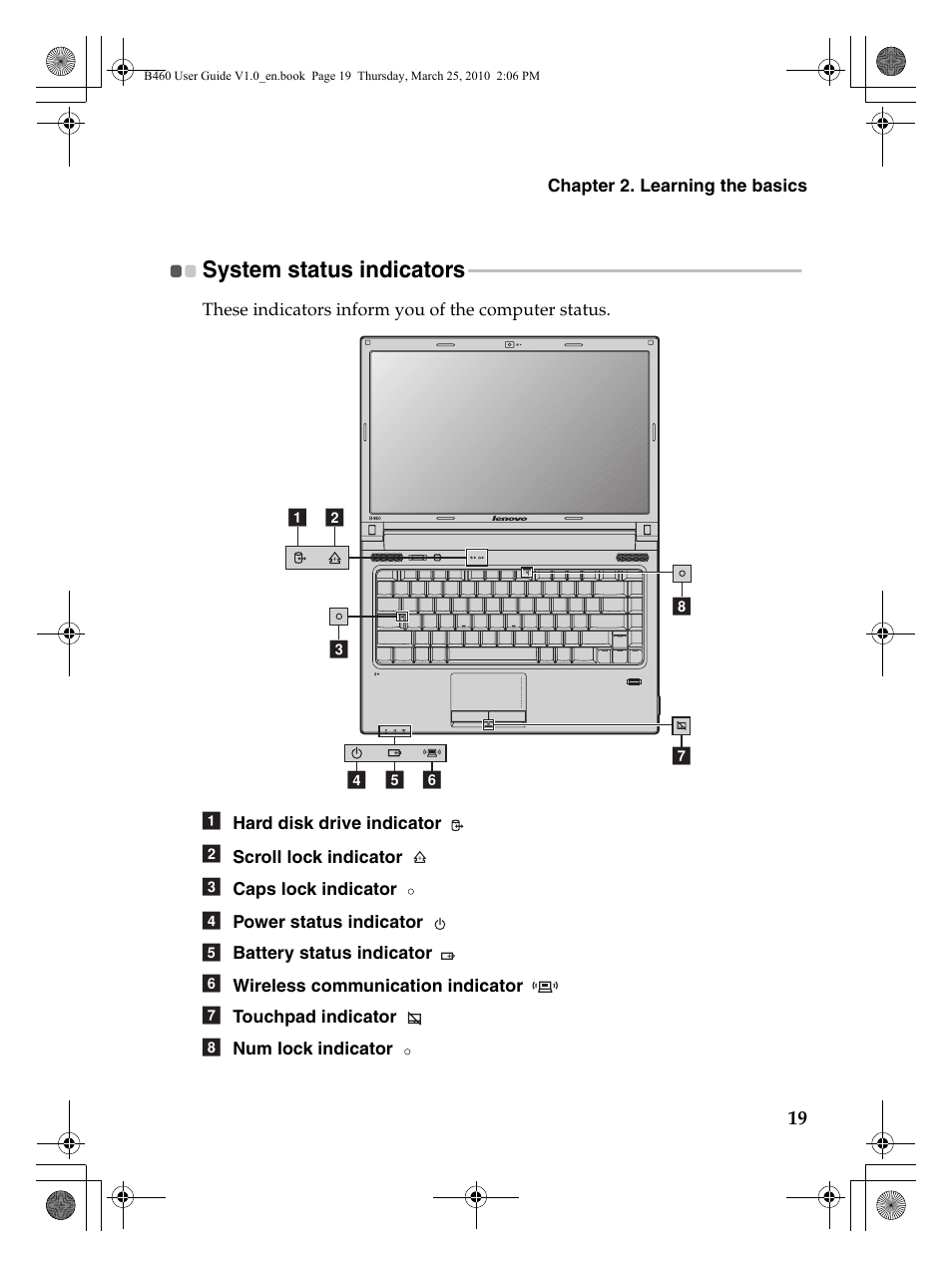 System status indicators | Lenovo B460 Notebook User Manual | Page 23 / 60