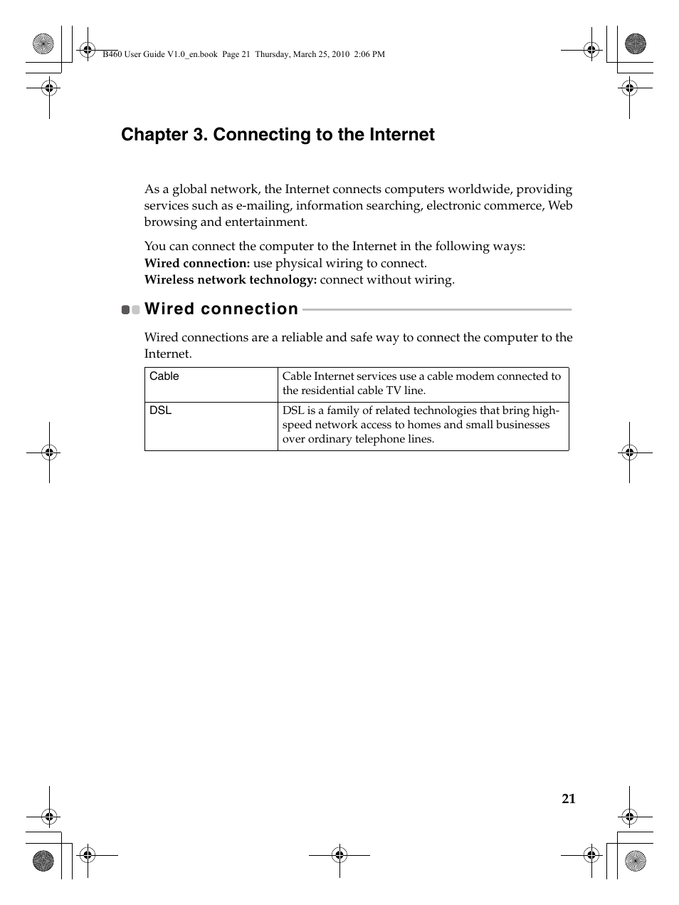 Chapter 3. connecting to the internet, Wired connection | Lenovo B460 Notebook User Manual | Page 25 / 60