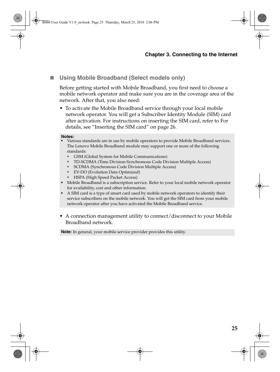 25  using mobile broadband (select models only) | Lenovo B460 Notebook User Manual | Page 29 / 60