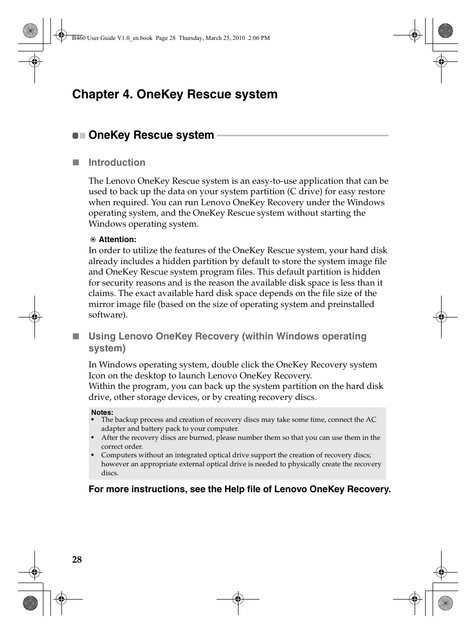 Chapter 4. onekey rescue system, Onekey rescue system | Lenovo B460 Notebook User Manual | Page 32 / 60