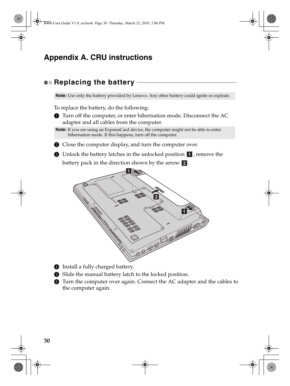 Appendix a. cru instructions, Replacing the battery | Lenovo B460 Notebook User Manual | Page 34 / 60
