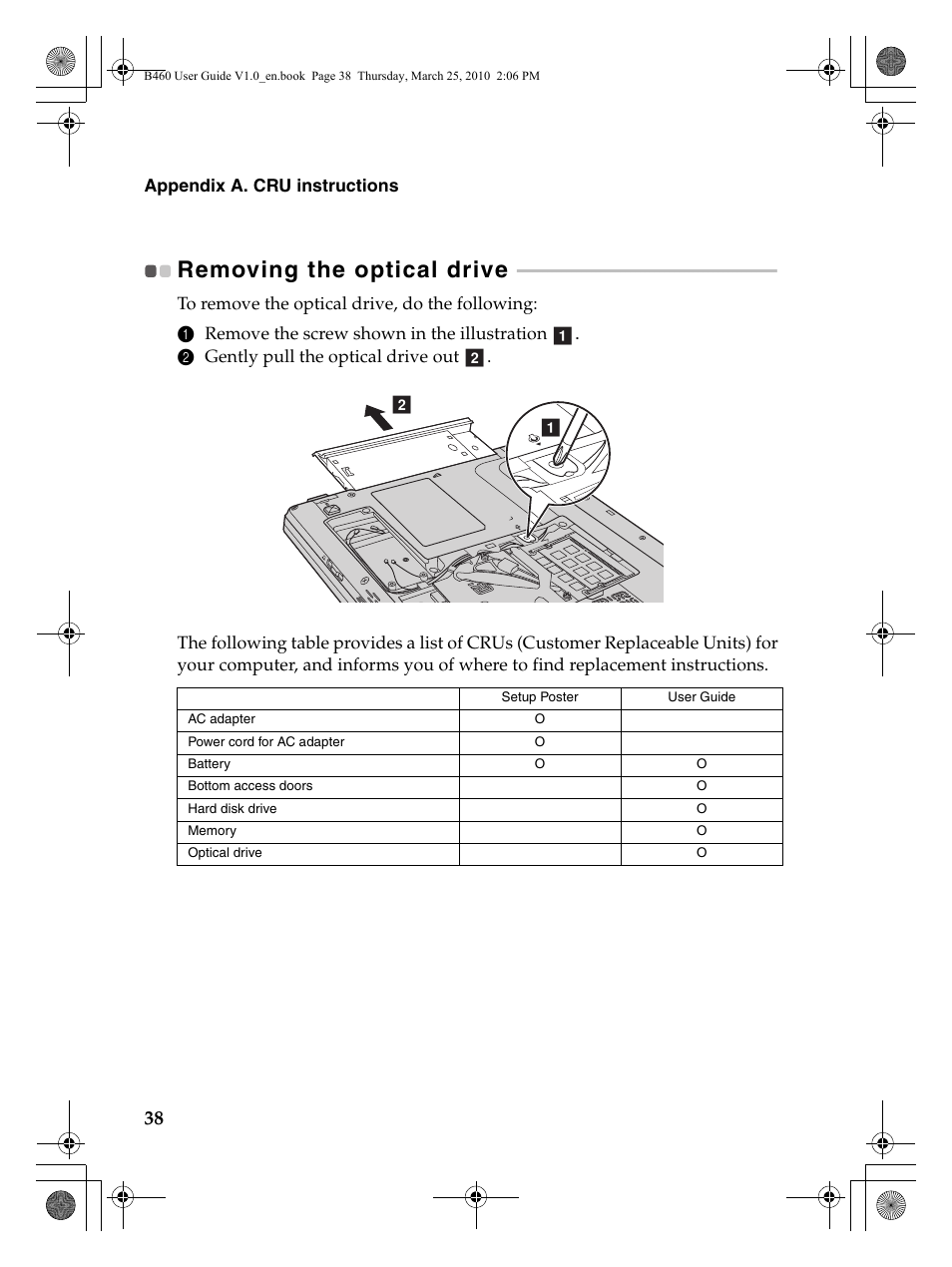 Removing the optical drive | Lenovo B460 Notebook User Manual | Page 42 / 60