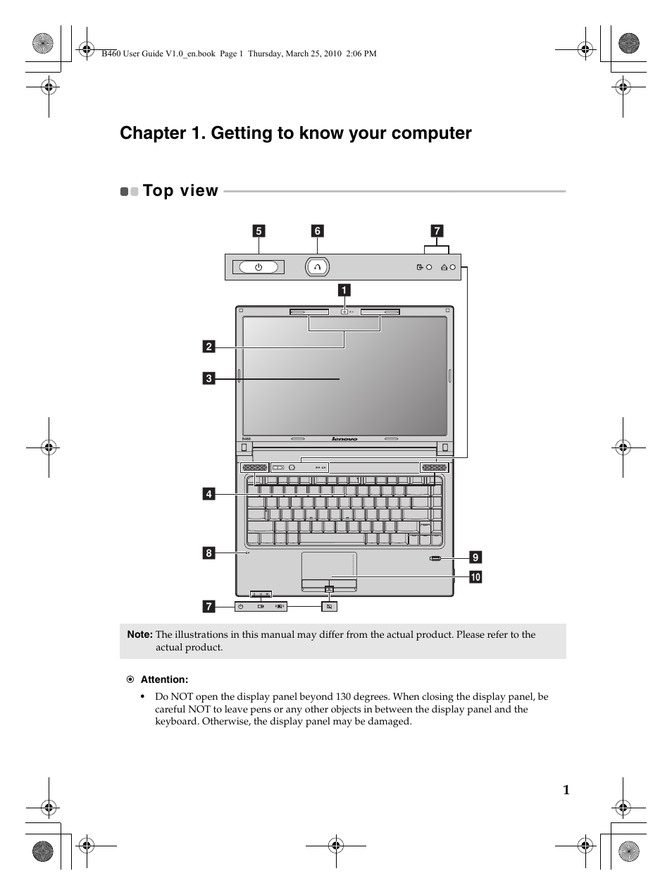 Chapter 1. getting to know your computer, Top view | Lenovo B460 Notebook User Manual | Page 5 / 60