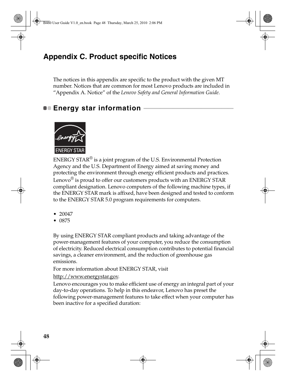 Appendix c. product specific notices, Energy star information | Lenovo B460 Notebook User Manual | Page 52 / 60