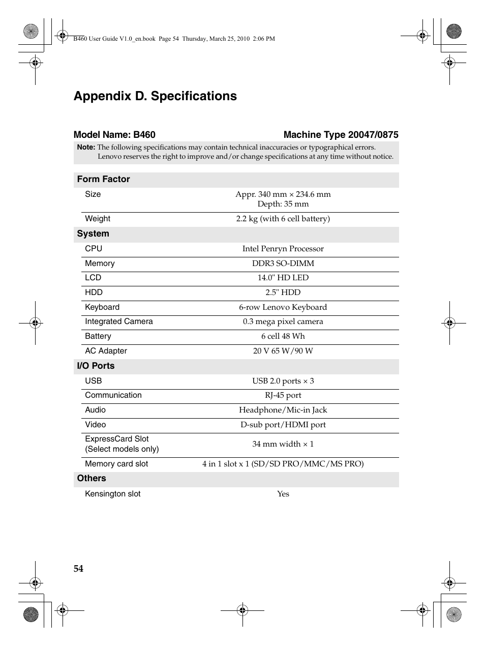 Appendix d. specifications | Lenovo B460 Notebook User Manual | Page 58 / 60