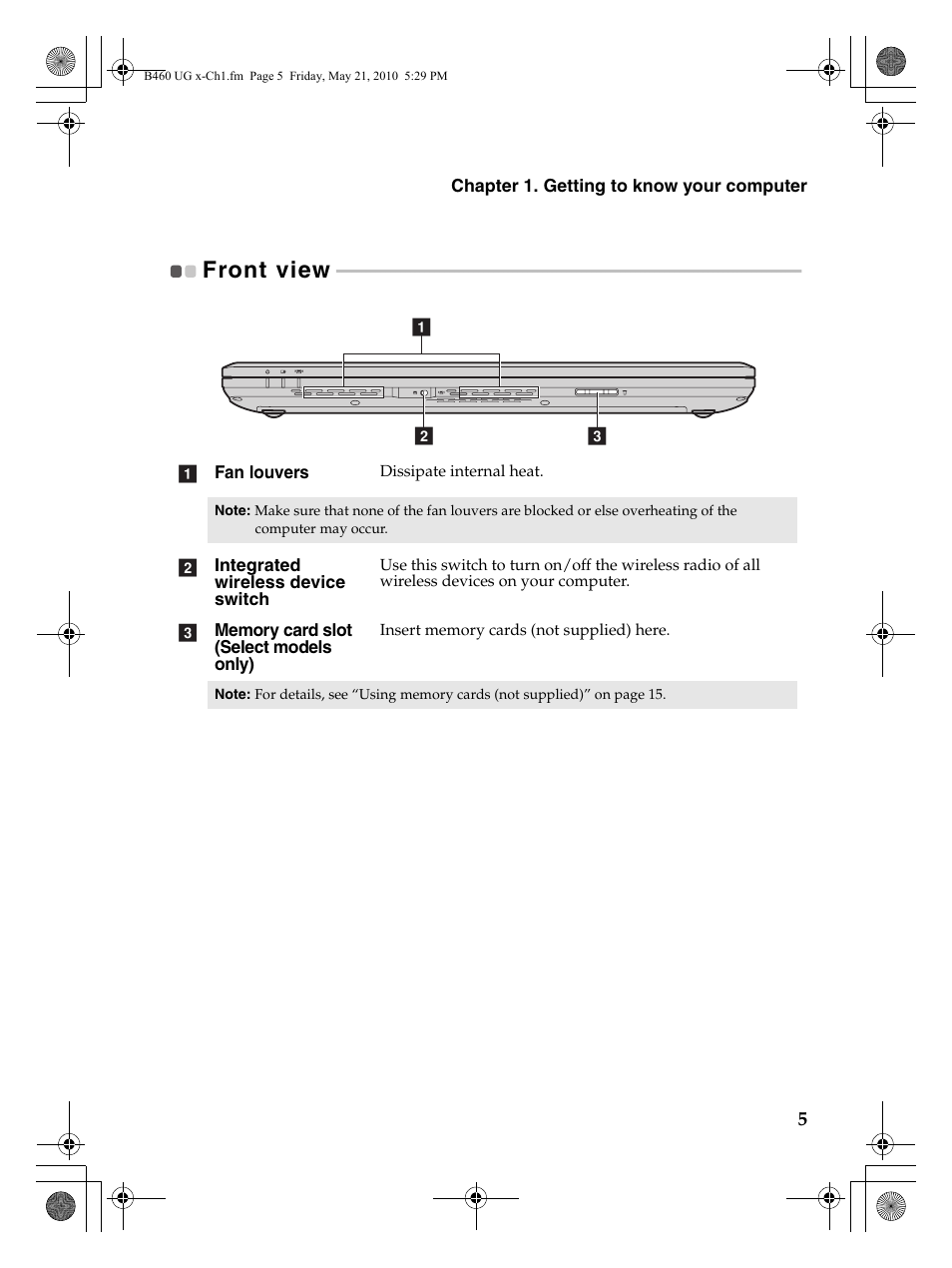 Front view | Lenovo B460 Notebook User Manual | Page 9 / 60