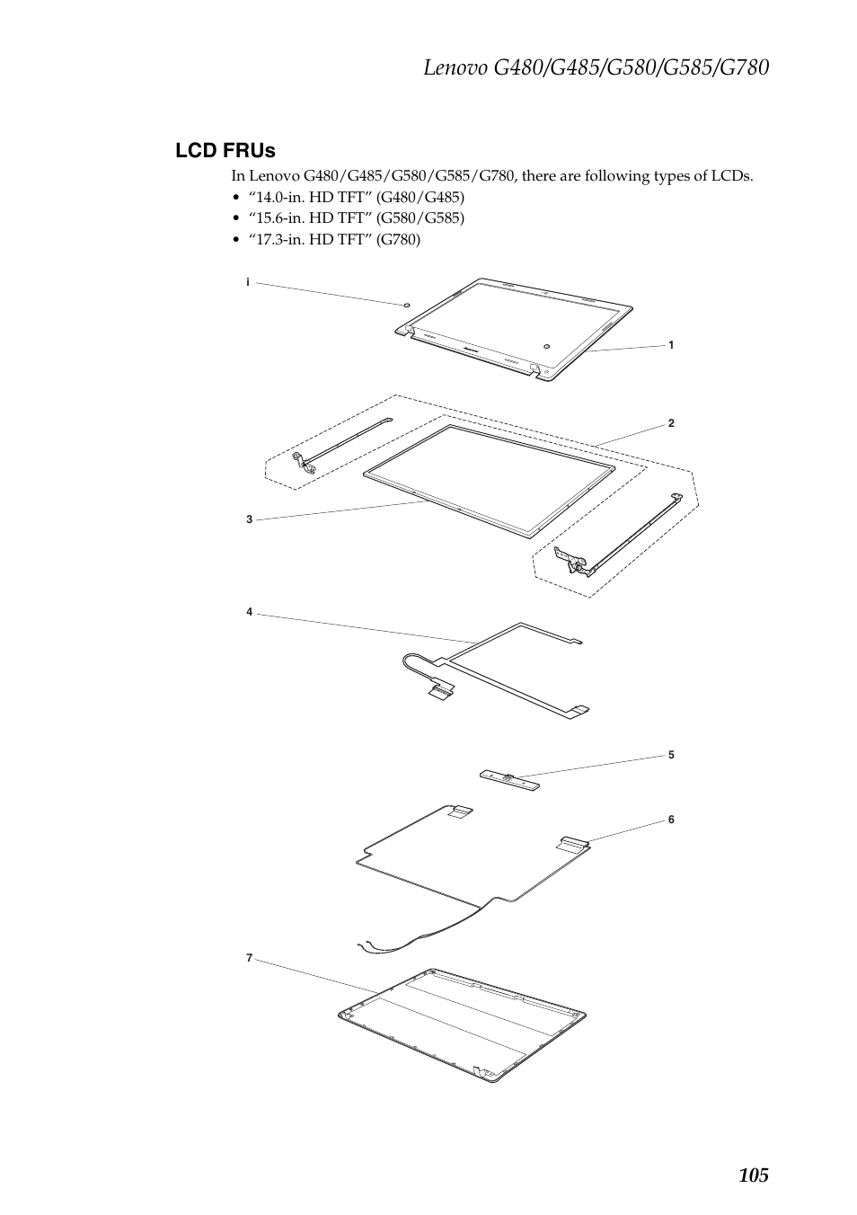 Lcd frus, 105 lcd frus | Lenovo G485 Notebook User Manual | Page 109 / 124