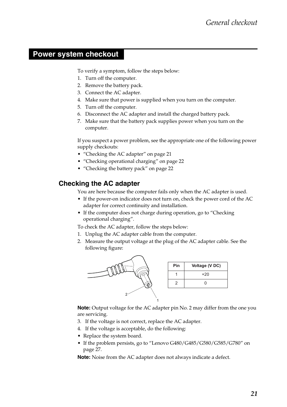 Power system checkout, Checking the ac adapter, General checkout | Lenovo G485 Notebook User Manual | Page 25 / 124