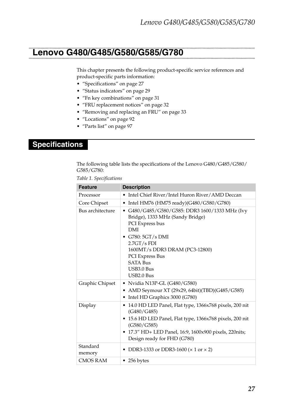 Lenovo g480/g485/g580/g585/g780, Specifications, Lenovo g480/g485/g580/g585/g780 specifications | To “lenovo g480/g485/g580/g585/g780” on | Lenovo G485 Notebook User Manual | Page 31 / 124
