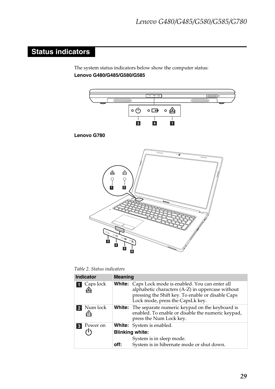 Status indicators, Ab c | Lenovo G485 Notebook User Manual | Page 33 / 124