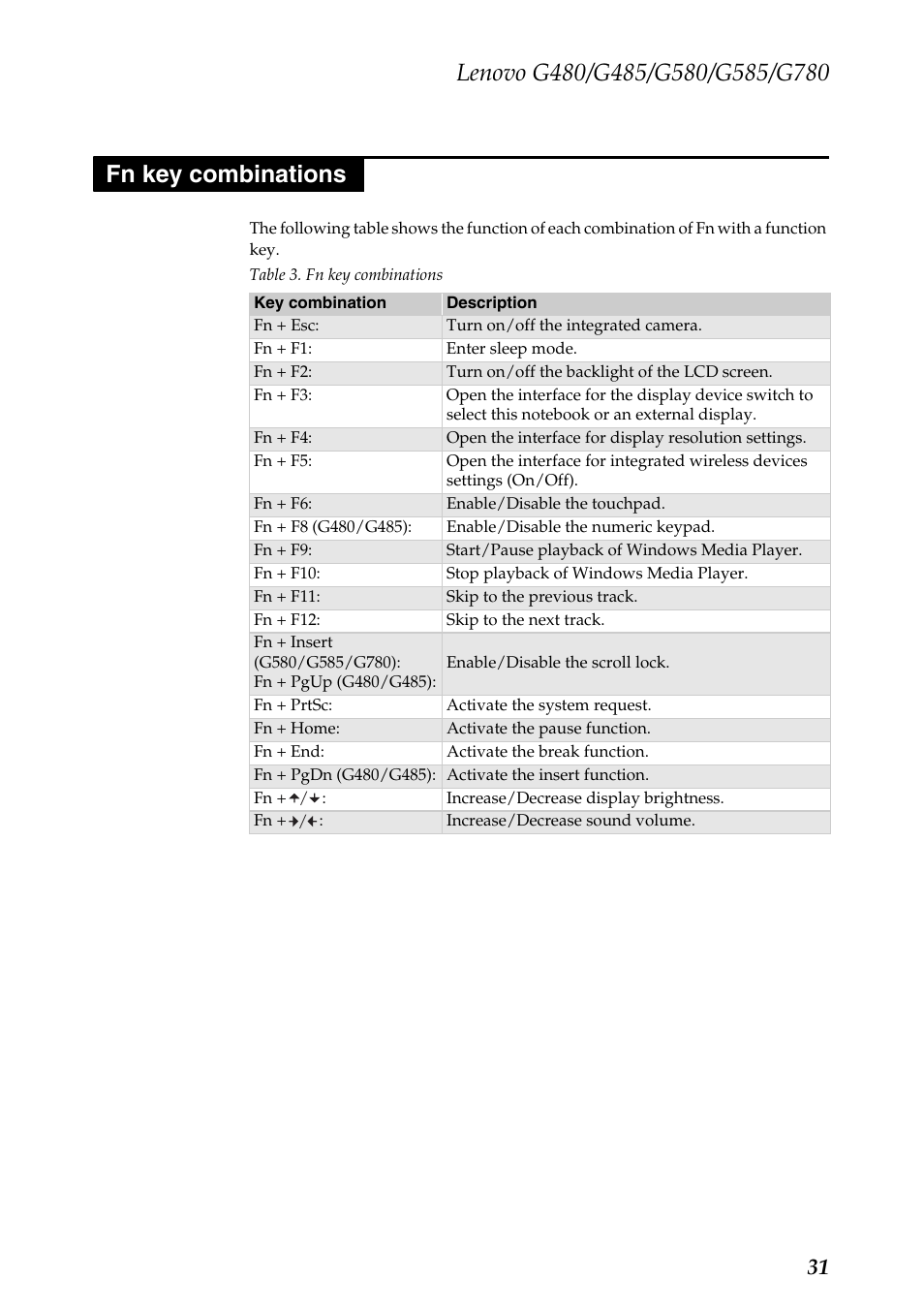 Fn key combinations | Lenovo G485 Notebook User Manual | Page 35 / 124