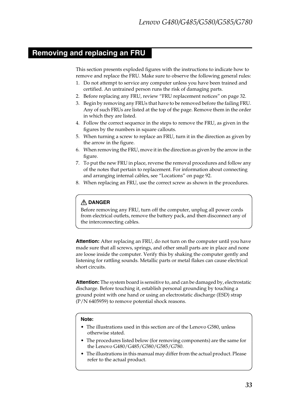 Removing and replacing an fru | Lenovo G485 Notebook User Manual | Page 37 / 124