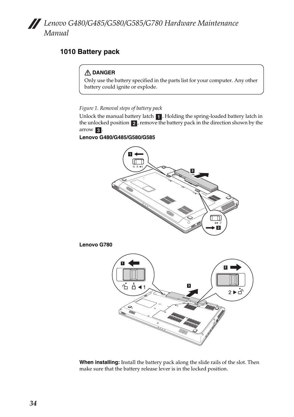 1010 battery pack | Lenovo G485 Notebook User Manual | Page 38 / 124