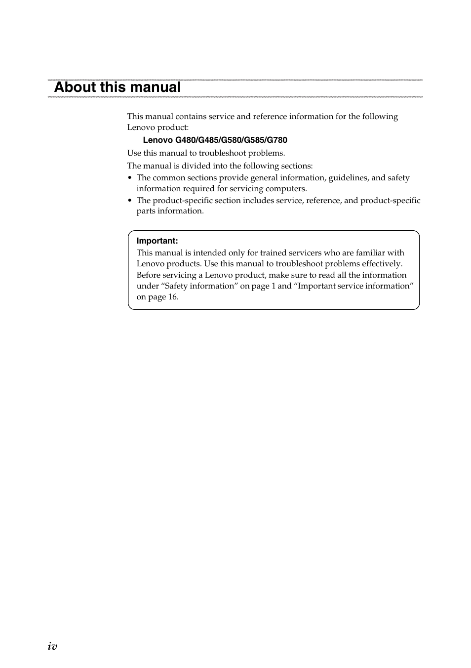 About this manual | Lenovo G485 Notebook User Manual | Page 4 / 124