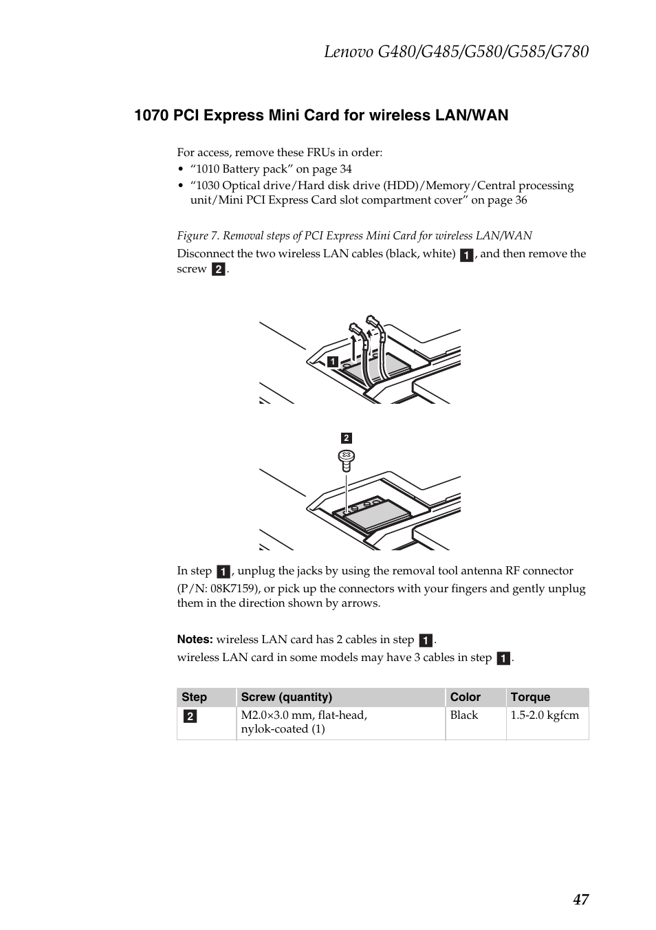 1070 pci express mini card for wireless lan/wan | Lenovo G485 Notebook User Manual | Page 51 / 124