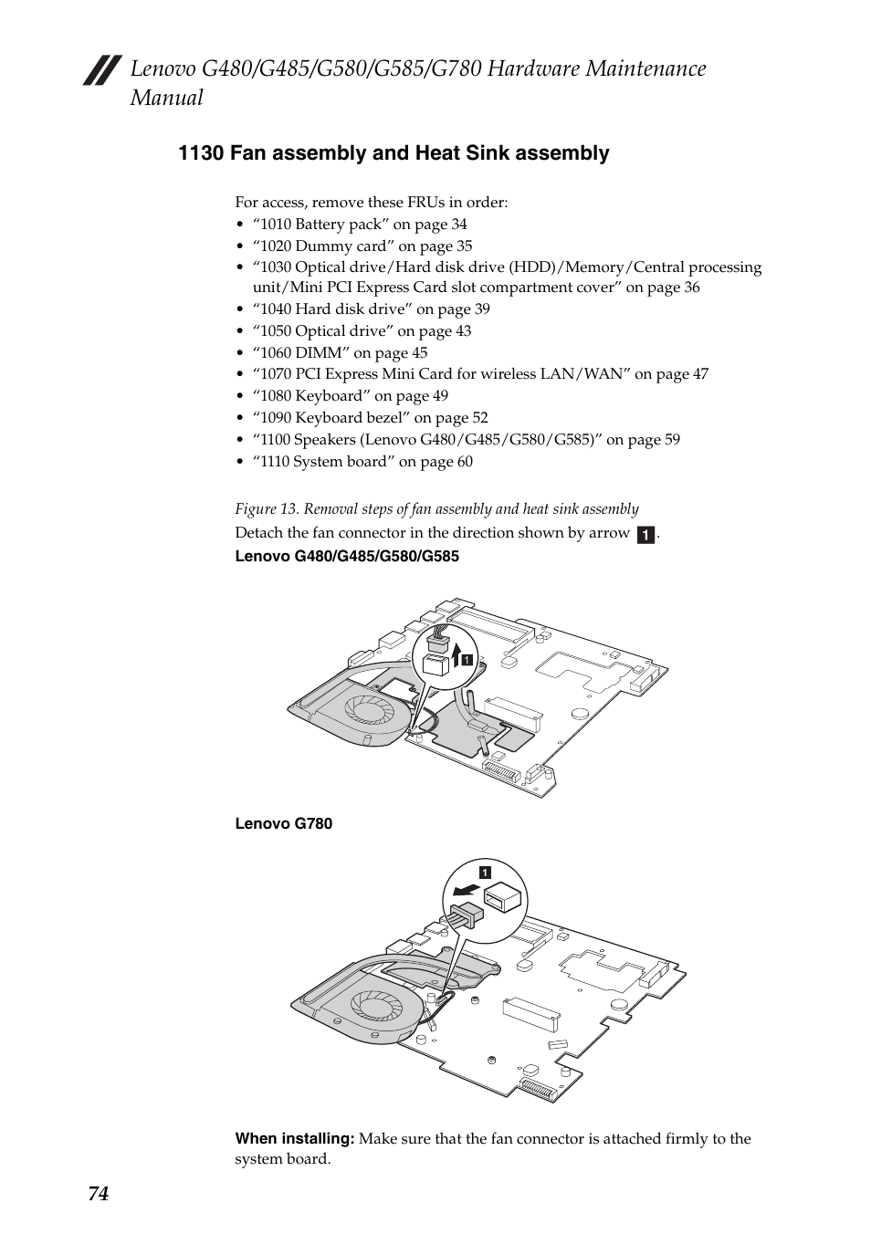 1130 fan assembly and heat sink assembly | Lenovo G485 Notebook User Manual | Page 78 / 124