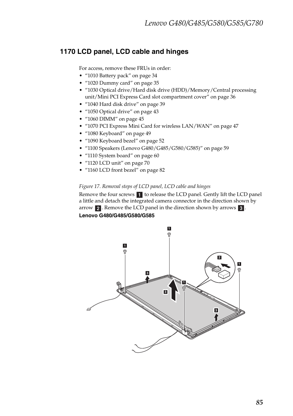 1170 lcd panel, lcd cable and hinges | Lenovo G485 Notebook User Manual | Page 89 / 124