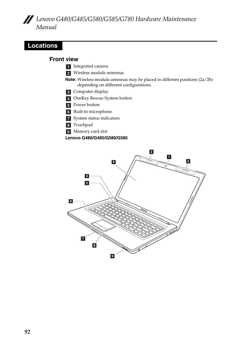 Locations, Front view, 92 front view | Lenovo G485 Notebook User Manual | Page 96 / 124