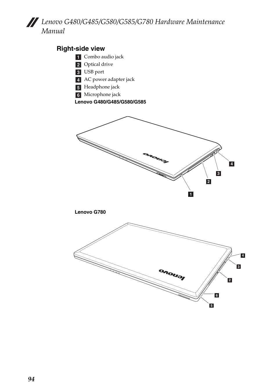 Right-side view, 94 right-side view | Lenovo G485 Notebook User Manual | Page 98 / 124