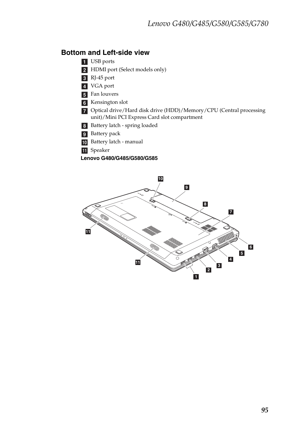 Bottom and left-side view, 95 bottom and left-side view | Lenovo G485 Notebook User Manual | Page 99 / 124