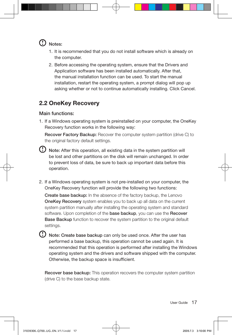 2 onekey recovery | Lenovo IdeaCentre Q700 User Manual | Page 22 / 43