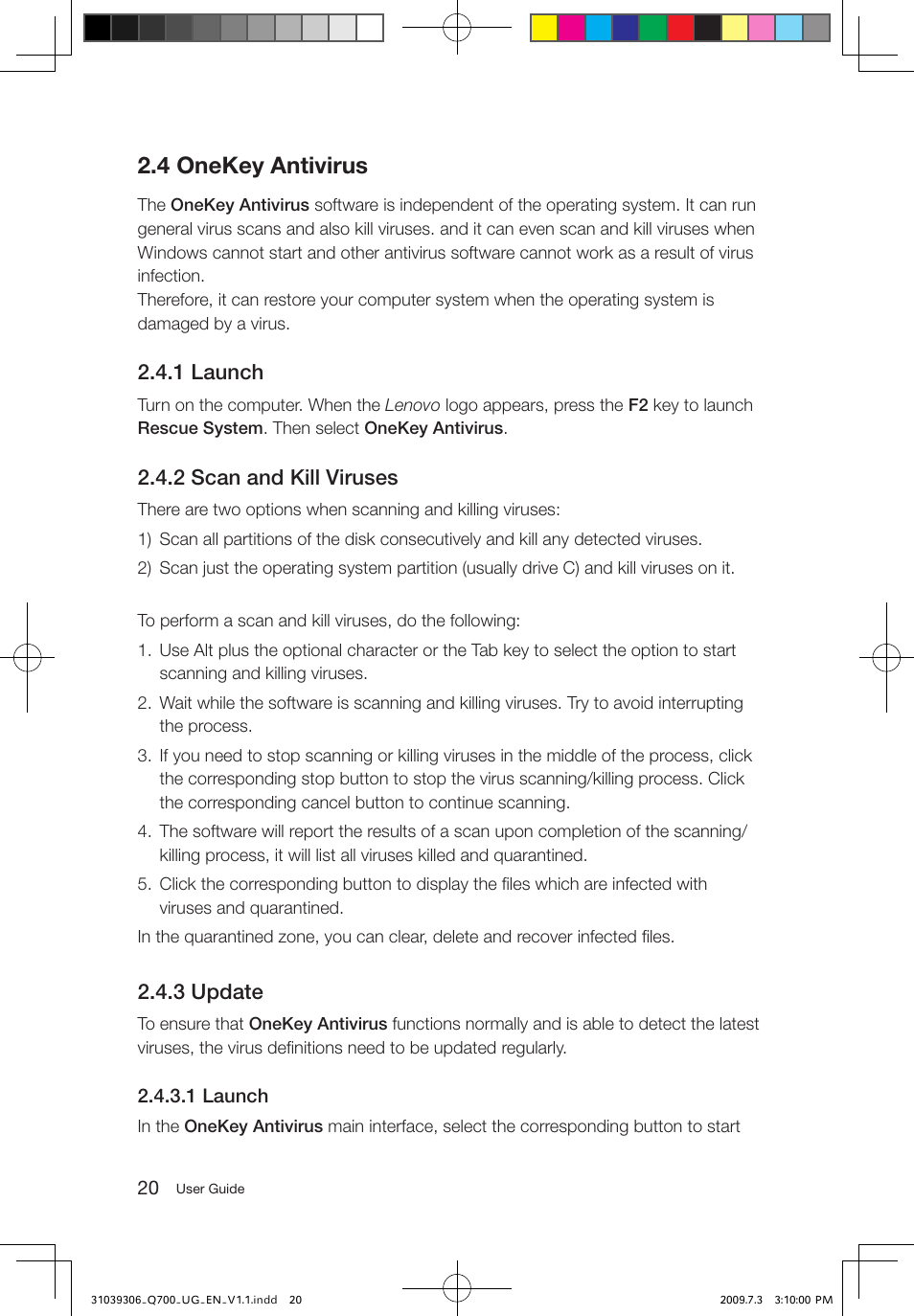 4 onekey antivirus, 1 launch, 2 scan and kill viruses | 3 update | Lenovo IdeaCentre Q700 User Manual | Page 25 / 43
