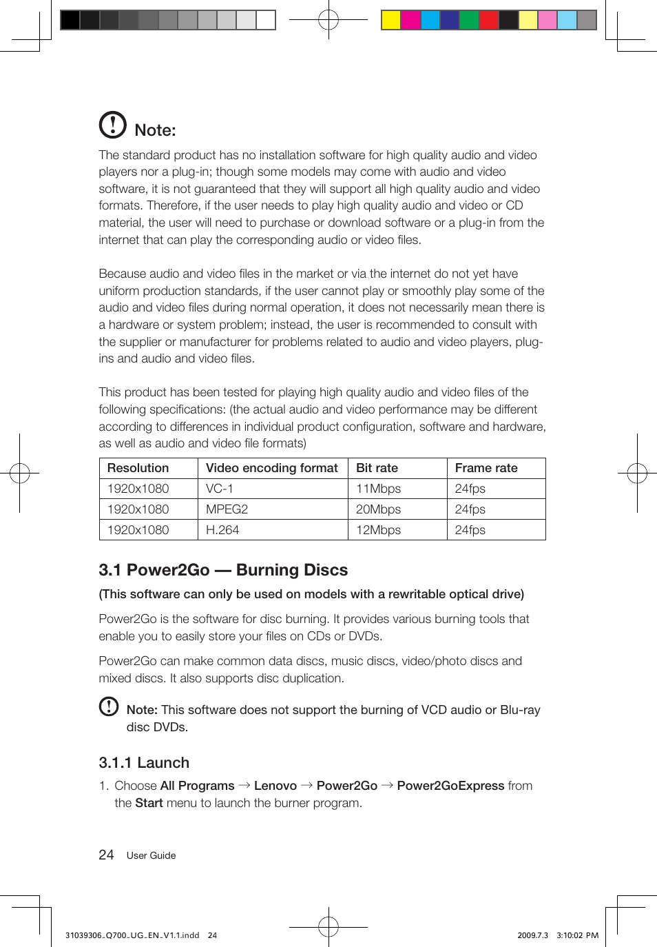 1 power2go — burning discs, 1 launch | Lenovo IdeaCentre Q700 User Manual | Page 29 / 43