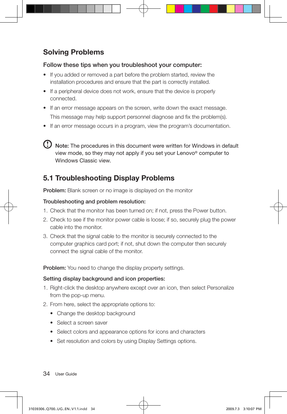 Solving problems, 1 troubleshooting display problems | Lenovo IdeaCentre Q700 User Manual | Page 39 / 43