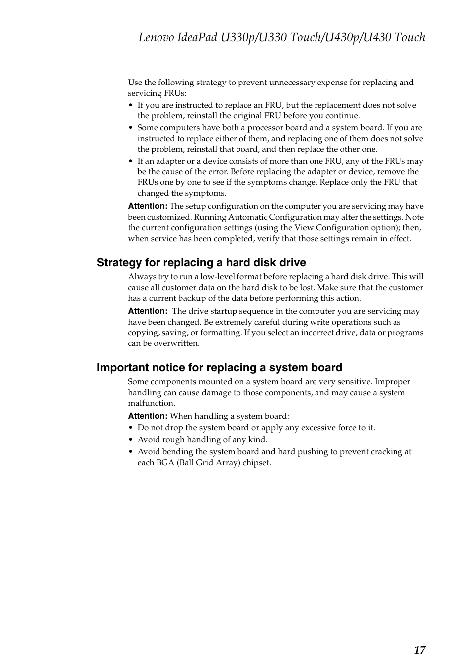 Strategy for replacing a hard disk drive, Important notice for replacing a system board | Lenovo IdeaPad U330 Touch Notebook User Manual | Page 21 / 91