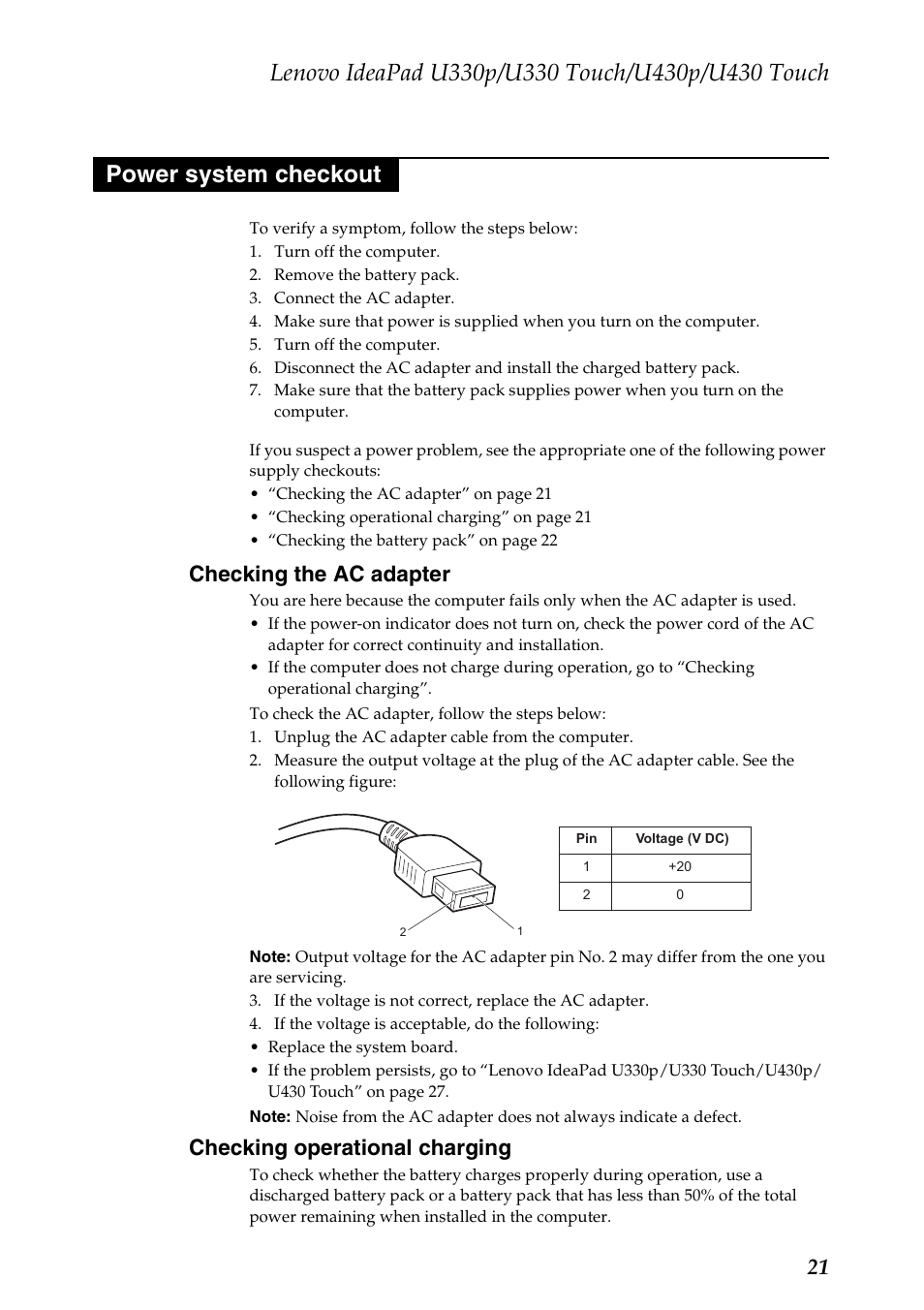 Power system checkout, Checking the ac adapter, Checking operational charging | Lenovo IdeaPad U330 Touch Notebook User Manual | Page 25 / 91