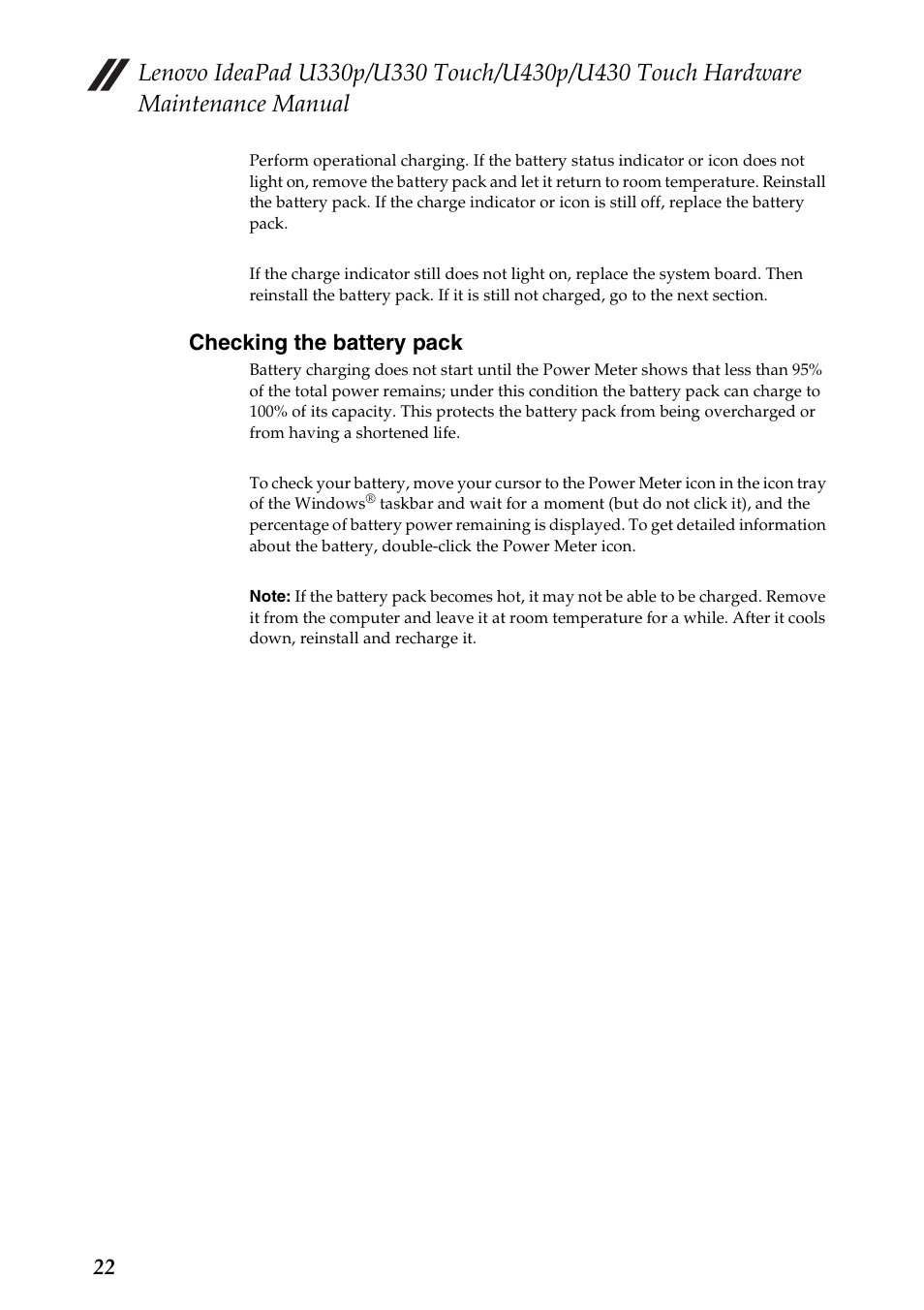 Checking the battery pack | Lenovo IdeaPad U330 Touch Notebook User Manual | Page 26 / 91