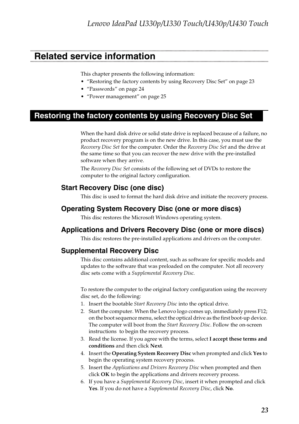 Related service information, Start recovery disc (one disc), Operating system recovery disc (one or more discs) | Supplemental recovery disc | Lenovo IdeaPad U330 Touch Notebook User Manual | Page 27 / 91