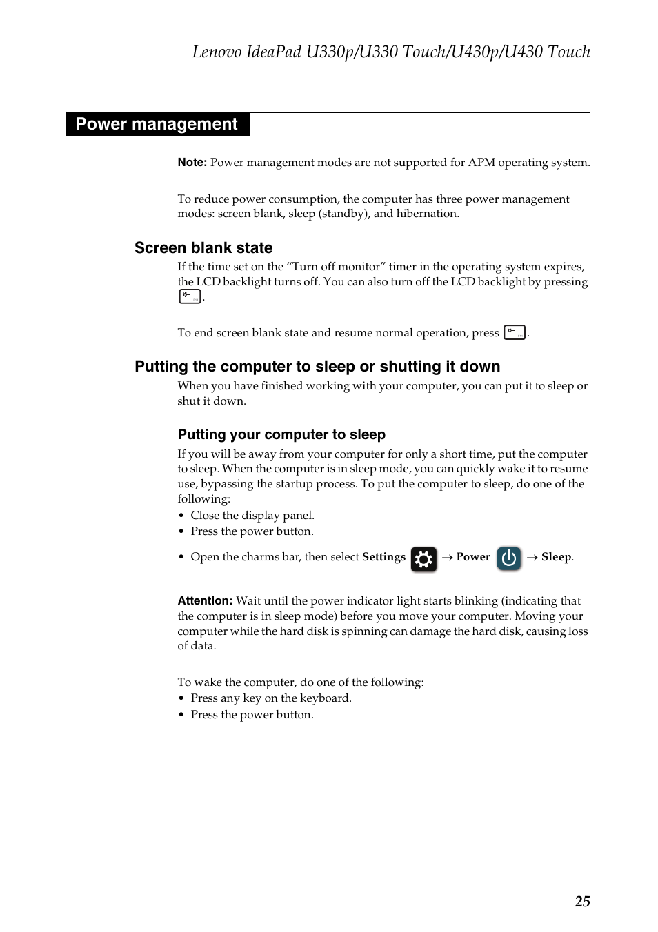 Power management, Screen blank state, Putting the computer to sleep or shutting it down | Lenovo IdeaPad U330 Touch Notebook User Manual | Page 29 / 91