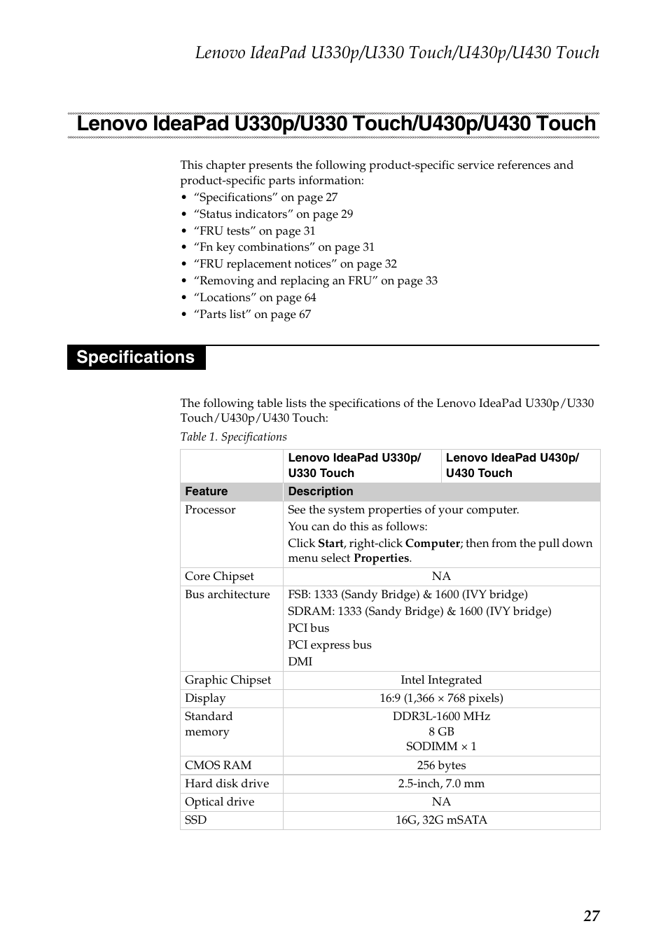 Lenovo ideapad u330p/u330 touch/u430p/u430 touch, Specifications, Lenovo ideapad u330p/u330 touch/u430p | Lenovo IdeaPad U330 Touch Notebook User Manual | Page 31 / 91