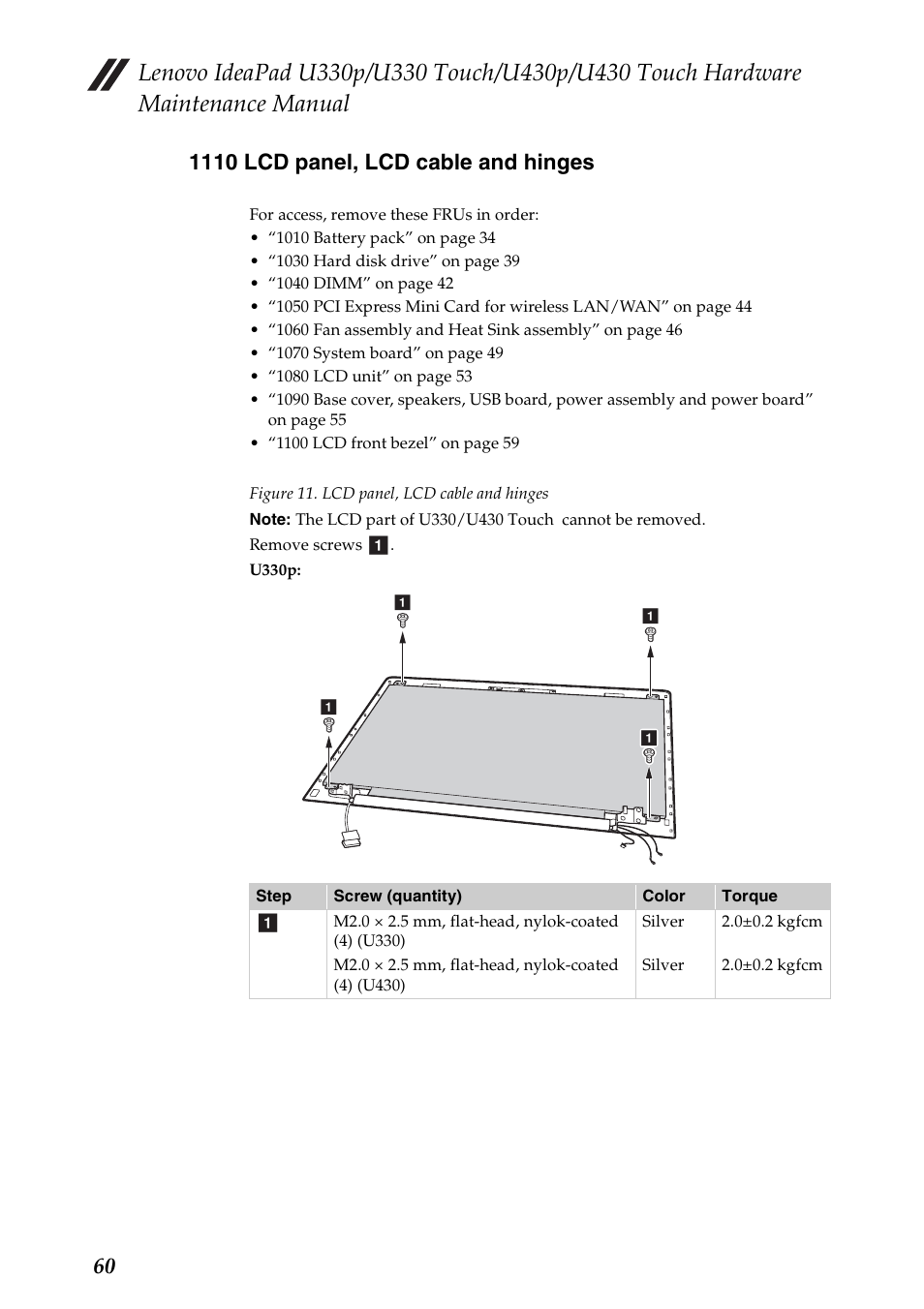 1110 lcd panel, lcd cable and hinges | Lenovo IdeaPad U330 Touch Notebook User Manual | Page 64 / 91